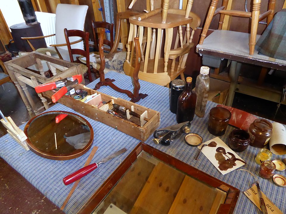 French polishing materials on the bench in Craig's workshop